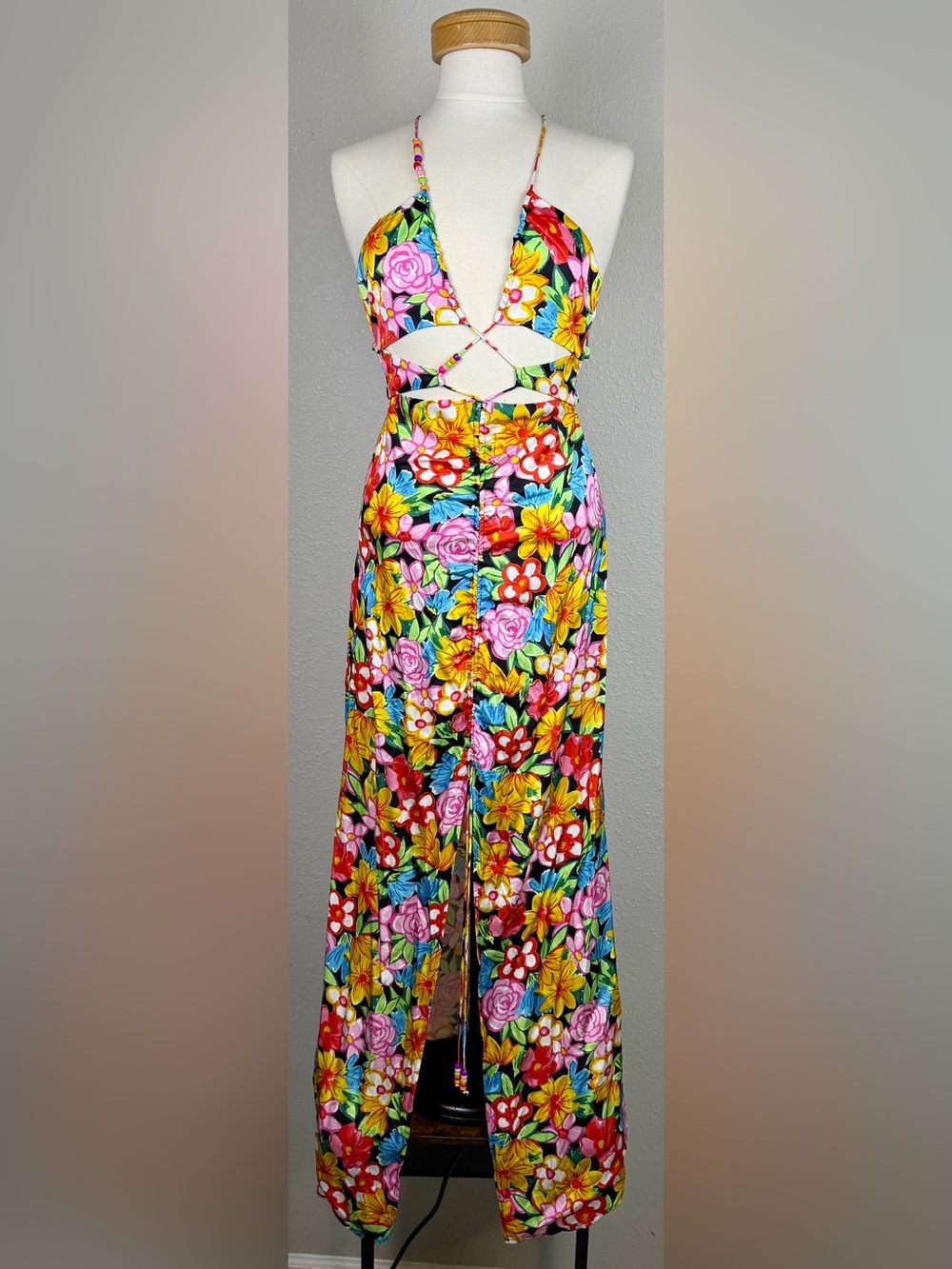 For Love & Lemons NWT Floral Cutout Maxi Halter Dress Small Open Back Ruched